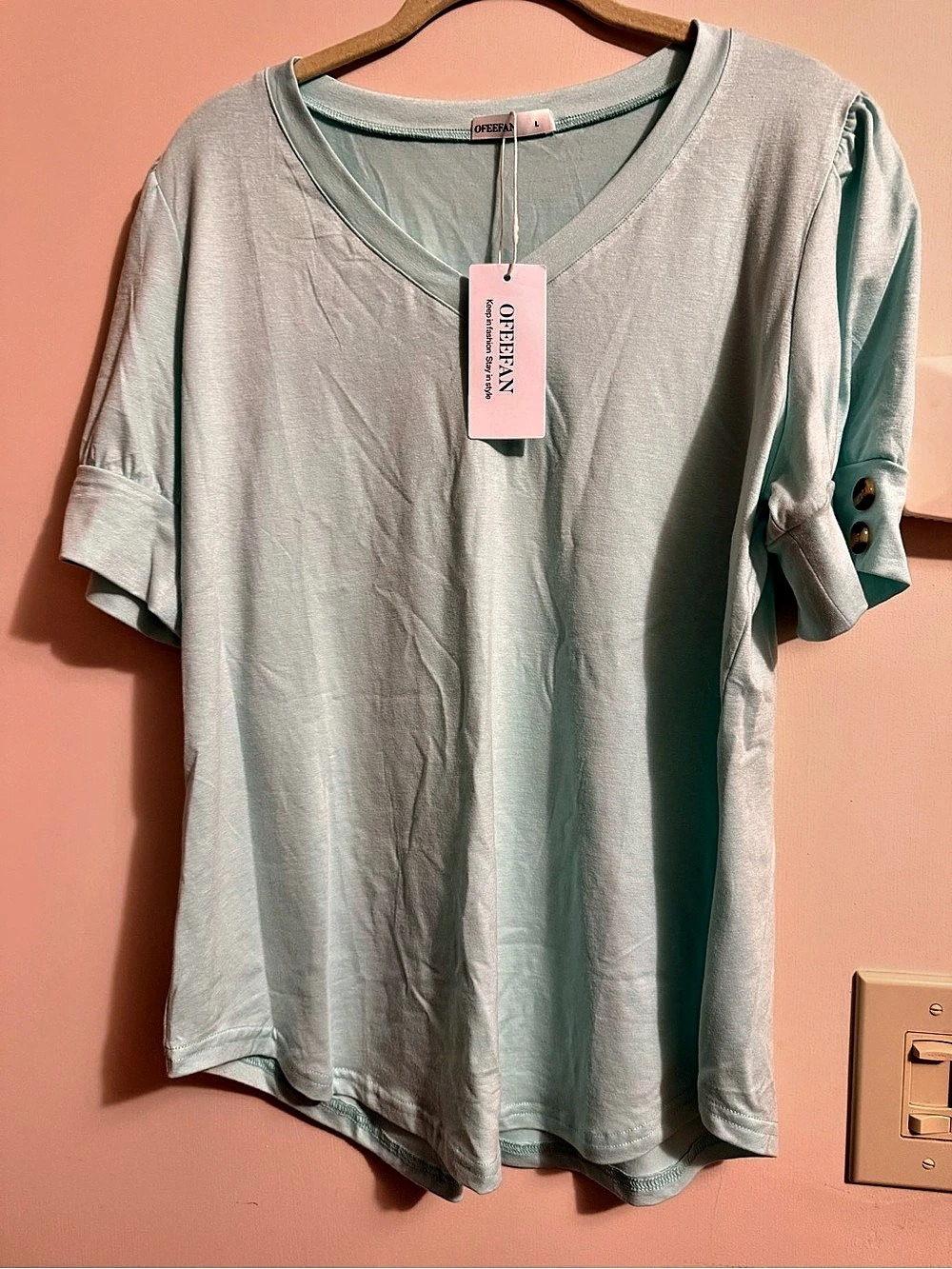 OFEEFAN V-Neck Puff Sleeve Button Top Green Large